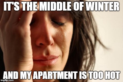 First World Problems Meme | IT'S THE MIDDLE OF WINTER AND MY APARTMENT IS TOO HOT | image tagged in memes,first world problems,AdviceAnimals | made w/ Imgflip meme maker