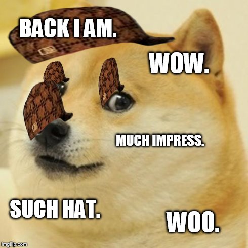 Doge Meme | BACK I AM. WOW. MUCH IMPRESS. SUCH HAT. WOO. | image tagged in memes,doge,scumbag | made w/ Imgflip meme maker