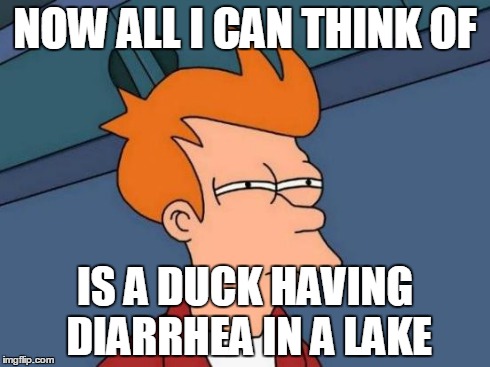 Futurama Fry Meme | NOW ALL I CAN THINK OF IS A DUCK HAVING DIARRHEA IN A LAKE | image tagged in memes,futurama fry | made w/ Imgflip meme maker