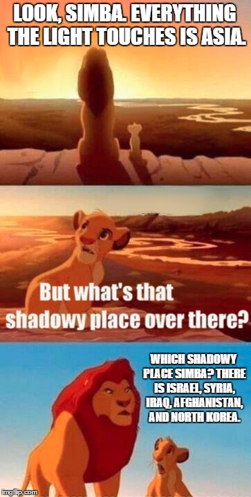 Simba Shadowy Place | LOOK, SIMBA. EVERYTHING THE LIGHT TOUCHES IS ASIA. WHICH SHADOWY PLACE SIMBA? THERE IS ISRAEL, SYRIA, IRAQ, AFGHANISTAN, AND NORTH KOREA. | image tagged in memes,simba shadowy place | made w/ Imgflip meme maker
