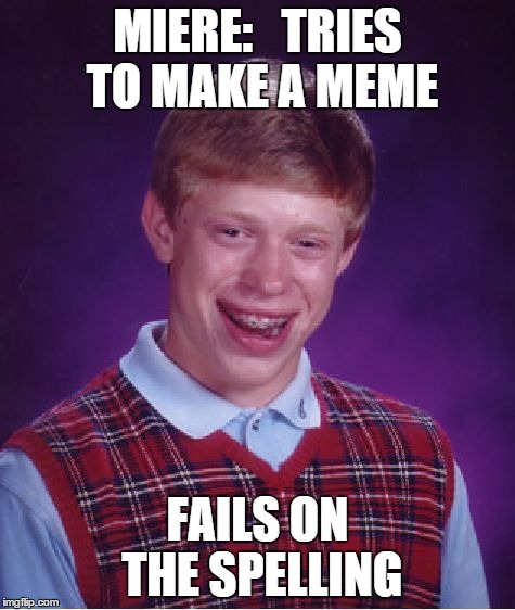 Bad Luck Brian Meme | MIERE:   TRIES TO MAKE A MEME FAILS ON THE SPELLING | image tagged in memes,bad luck brian | made w/ Imgflip meme maker