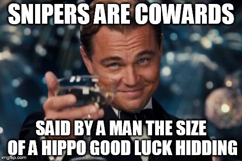 Leonardo Dicaprio Cheers Meme | SNIPERS ARE COWARDS SAID BY A MAN THE SIZE OF A HIPPO GOOD LUCK HIDDING | image tagged in memes,leonardo dicaprio cheers | made w/ Imgflip meme maker