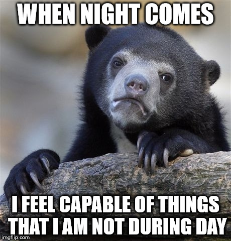 Confession Bear | WHEN NIGHT COMES I FEEL CAPABLE OF THINGS THAT I AM NOT DURING DAY | image tagged in memes,confession bear | made w/ Imgflip meme maker