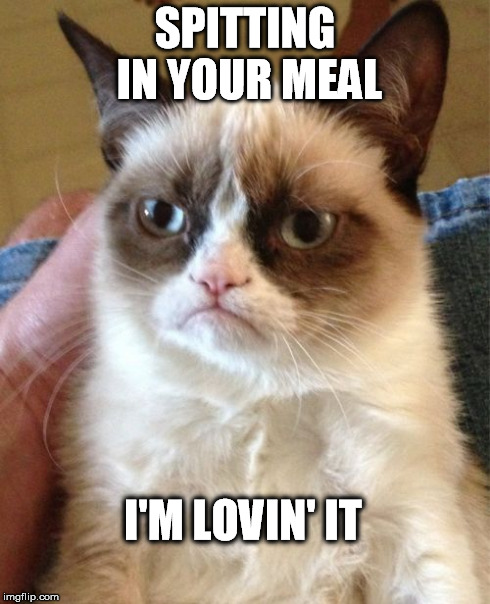 Grumpy Cat Meme | SPITTING IN YOUR MEAL I'M LOVIN' IT | image tagged in memes,grumpy cat | made w/ Imgflip meme maker