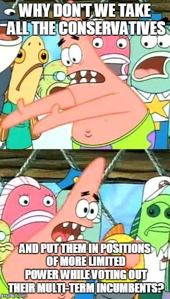 Put It Somewhere Else Patrick Meme | WHY DON'T WE TAKE ALL THE CONSERVATIVES AND PUT THEM IN POSITIONS OF MORE LIMITED POWER WHILE VOTING OUT THEIR MULTI-TERM INCUMBENTS? | image tagged in memes,put it somewhere else patrick | made w/ Imgflip meme maker