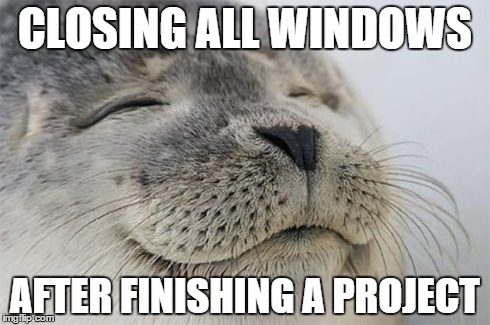 Satisfied Seal Meme | CLOSING ALL WINDOWS AFTER FINISHING A PROJECT | image tagged in memes,satisfied seal | made w/ Imgflip meme maker