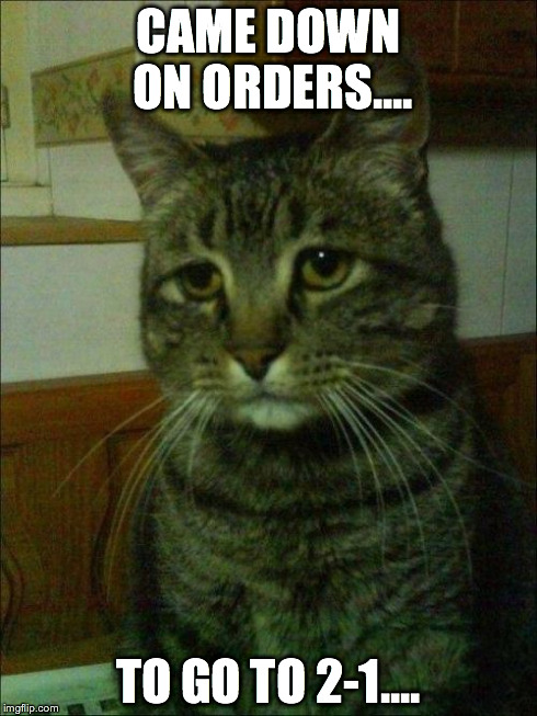 Depressed Cat | CAME DOWN ON ORDERS.... TO GO TO 2-1.... | image tagged in memes,depressed cat | made w/ Imgflip meme maker