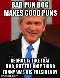 George Bush Meme | BAD PUN DOG MAKES GOOD PUNS GEORGE IS LIKE THAT DOG, BUT THE ONLY THING FUNNY WAS HIS PRESIDENCY | image tagged in memes,george bush | made w/ Imgflip meme maker