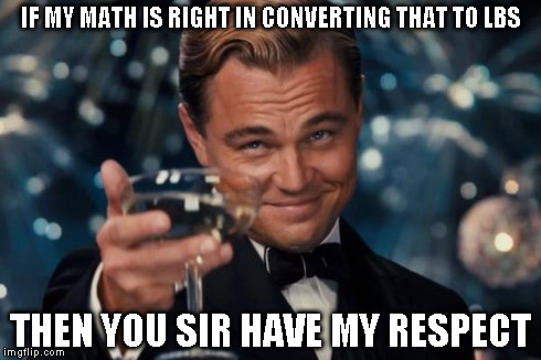 Leonardo Dicaprio Cheers Meme | IF MY MATH IS RIGHT IN CONVERTING THAT TO LBS THEN YOU SIR HAVE MY RESPECT | image tagged in memes,leonardo dicaprio cheers | made w/ Imgflip meme maker