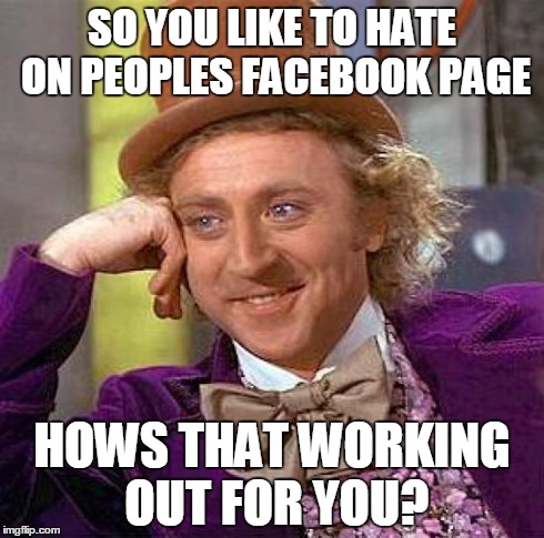 Creepy Condescending Wonka Meme | SO YOU LIKE TO HATE ON PEOPLES FACEBOOK PAGE HOWS THAT WORKING OUT FOR YOU? | image tagged in memes,creepy condescending wonka | made w/ Imgflip meme maker