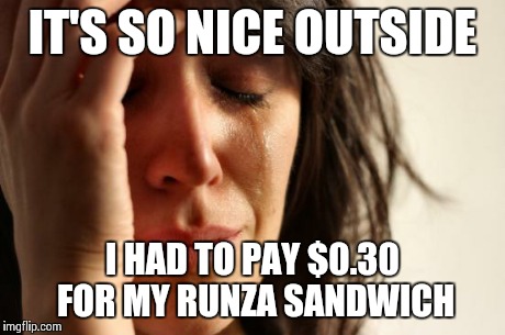First World Problems Meme | IT'S SO NICE OUTSIDE I HAD TO PAY $0.30 FOR MY RUNZA SANDWICH | image tagged in memes,first world problems,Nebraska | made w/ Imgflip meme maker