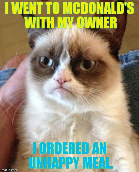 Grumpy Cat Eats Out | I WENT TO MCDONALD'S WITH MY OWNER I ORDERED AN UNHAPPY MEAL. | image tagged in memes,grumpy cat | made w/ Imgflip meme maker