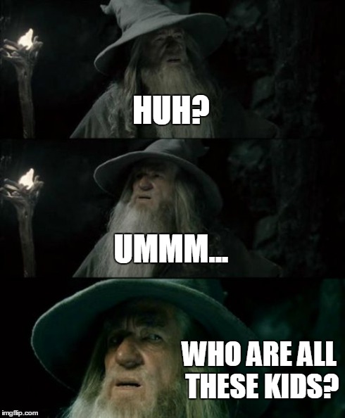 Confused Gandalf Meme | HUH? UMMM... WHO ARE ALL THESE KIDS? | image tagged in memes,confused gandalf | made w/ Imgflip meme maker