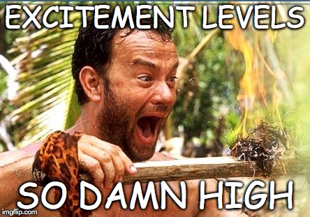 tom hanks cast away excitement | EXCITEMENT LEVELS SO DAMN HIGH | image tagged in tom hanks cast away excitement | made w/ Imgflip meme maker