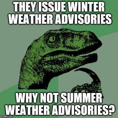 Philosoraptor Meme | THEY ISSUE WINTER WEATHER ADVISORIES WHY NOT SUMMER WEATHER ADVISORIES? | image tagged in memes,philosoraptor | made w/ Imgflip meme maker