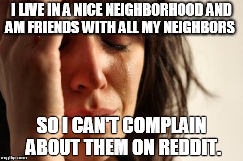 First World Problems | I LIVE IN A NICE NEIGHBORHOOD AND AM FRIENDS WITH ALL MY NEIGHBORS SO I CAN'T COMPLAIN ABOUT THEM ON REDDIT. | image tagged in memes,first world problems | made w/ Imgflip meme maker