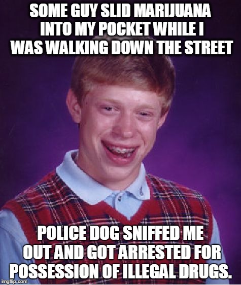 Bad Luck Brian | SOME GUY SLID MARIJUANA INTO MY POCKET WHILE I WAS WALKING DOWN THE STREET POLICE DOG SNIFFED ME OUT AND GOT ARRESTED FOR POSSESSION OF ILLE | image tagged in memes,bad luck brian | made w/ Imgflip meme maker