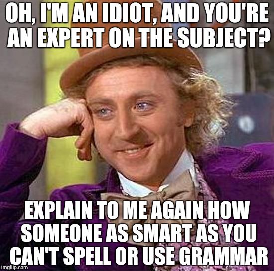 MRW I argue with people on the internet | OH, I'M AN IDIOT, AND YOU'RE AN EXPERT ON THE SUBJECT? EXPLAIN TO ME AGAIN HOW SOMEONE AS SMART AS YOU CAN'T SPELL OR USE GRAMMAR | image tagged in memes,creepy condescending wonka | made w/ Imgflip meme maker