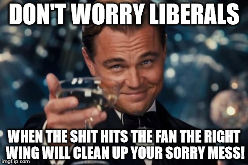 Leonardo Dicaprio Cheers | DON'T WORRY LIBERALS WHEN THE SHIT HITS THE FAN THE RIGHT WING WILL CLEAN UP YOUR SORRY MESS! | image tagged in memes,leonardo dicaprio cheers | made w/ Imgflip meme maker