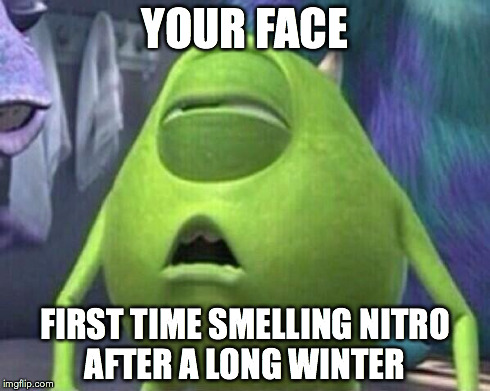 Nitro Spring | YOUR FACE FIRST TIME SMELLING NITRO AFTER A LONG WINTER | image tagged in drag racing,monster high,monsters inc | made w/ Imgflip meme maker