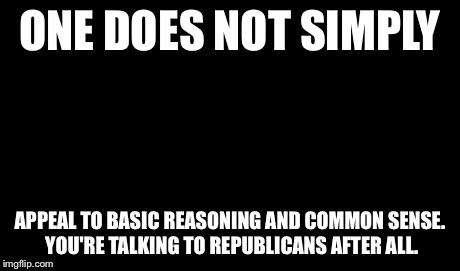 One Does Not Simply Meme | ONE DOES NOT SIMPLY APPEAL TO BASIC REASONING AND COMMON SENSE. YOU'RE TALKING TO REPUBLICANS AFTER ALL. | image tagged in memes,one does not simply | made w/ Imgflip meme maker