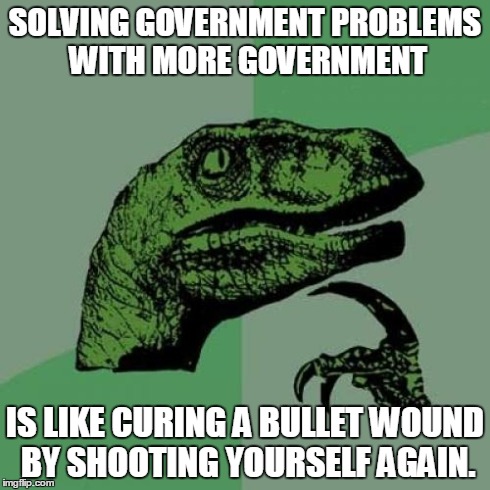 Philosoraptor | SOLVING GOVERNMENT PROBLEMS WITH MORE GOVERNMENT IS LIKE CURING A BULLET WOUND BY SHOOTING YOURSELF AGAIN. | image tagged in memes,philosoraptor | made w/ Imgflip meme maker