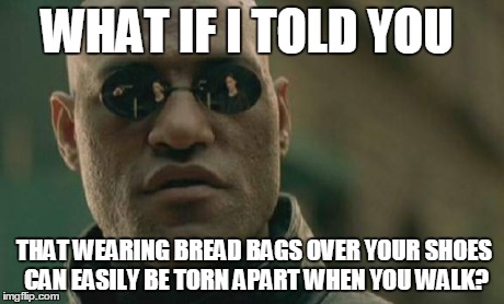 Matrix Morpheus Meme | WHAT IF I TOLD YOU THAT WEARING BREAD BAGS OVER YOUR SHOES CAN EASILY BE TORN APART WHEN YOU WALK? | image tagged in memes,matrix morpheus | made w/ Imgflip meme maker