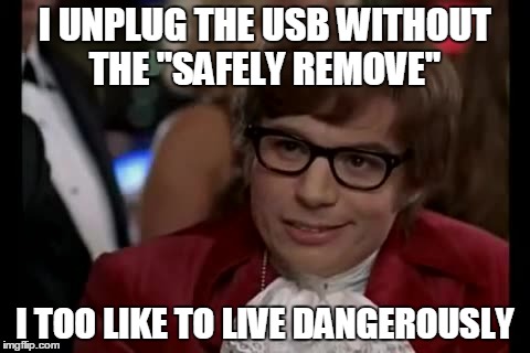 I Too Like To Live Dangerously | I UNPLUG THE USB WITHOUT THE ''SAFELY REMOVE'' I TOO LIKE TO LIVE DANGEROUSLY | image tagged in memes,i too like to live dangerously | made w/ Imgflip meme maker