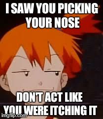 Derp Face Misty | I SAW YOU PICKING YOUR NOSE DON'T ACT LIKE YOU WERE ITCHING IT | image tagged in derp face misty | made w/ Imgflip meme maker