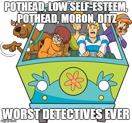Scooby Doo Meme | POTHEAD, LOW SELF-ESTEEM, POTHEAD, MORON, DITZ WORST DETECTIVES EVER | image tagged in memes,scooby doo | made w/ Imgflip meme maker