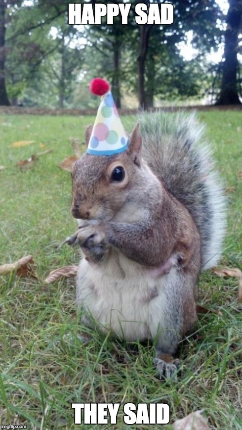 Super Birthday Squirrel Meme | HAPPY SAD THEY SAID | image tagged in memes,super birthday squirrel | made w/ Imgflip meme maker