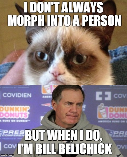Grumpy Cat Meme | I DON'T ALWAYS MORPH INTO A PERSON BUT WHEN I DO, I'M BILL BELICHICK | image tagged in memes,grumpy cat,nfl | made w/ Imgflip meme maker