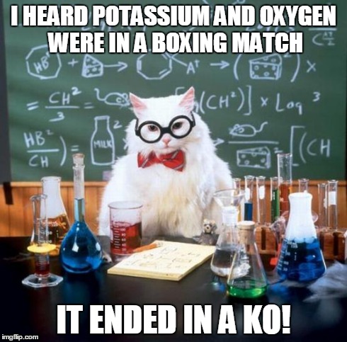 Chemistry Cat | I HEARD POTASSIUM AND OXYGEN WERE IN A BOXING MATCH IT ENDED IN A KO! | image tagged in memes,chemistry cat | made w/ Imgflip meme maker