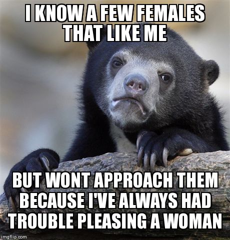 Confession Bear | I KNOW A FEW FEMALES THAT LIKE ME BUT WONT APPROACH THEM BECAUSE I'VE ALWAYS HAD TROUBLE PLEASING A WOMAN | image tagged in memes,confession bear | made w/ Imgflip meme maker