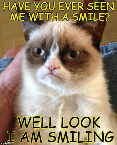 Grumpy Cat Meme | HAVE YOU EVER SEEN ME WITH A SMILE? WELL LOOK I AM SMILING | image tagged in memes,grumpy cat | made w/ Imgflip meme maker