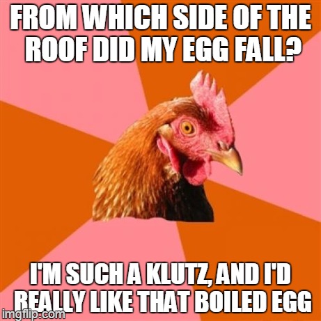 egg drop roof | FROM WHICH SIDE OF THE ROOF DID MY EGG FALL? I'M SUCH A KLUTZ, AND I'D REALLY LIKE THAT BOILED EGG | image tagged in memes,anti joke chicken | made w/ Imgflip meme maker