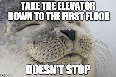 Satisfied Seal | TAKE THE ELEVATOR DOWN TO THE FIRST FLOOR DOESN'T STOP | image tagged in memes,satisfied seal,AdviceAnimals | made w/ Imgflip meme maker