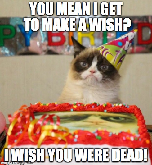 Grumpy Cat Birthday Meme | YOU MEAN I GET TO MAKE A WISH? I WISH YOU WERE DEAD! | image tagged in memes,grumpy cat birthday | made w/ Imgflip meme maker
