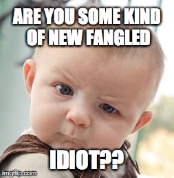 Skeptical Baby Meme | ARE YOU SOME KIND OF NEW FANGLED IDIOT?? | image tagged in memes,skeptical baby | made w/ Imgflip meme maker