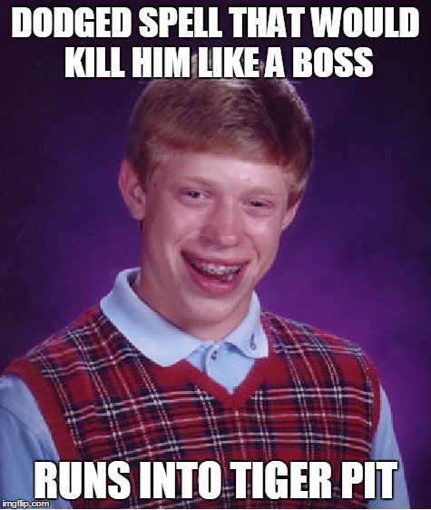 Bad Luck Brian Meme | DODGED SPELL THAT WOULD KILL HIM LIKE A BOSS RUNS INTO TIGER PIT | image tagged in memes,bad luck brian | made w/ Imgflip meme maker