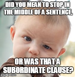 Skeptical Baby Meme | DID YOU MEAN TO STOP IN THE MIDDLE OF A SENTENCE, OR WAS THAT A SUBORDINATE CLAUSE? | image tagged in memes,skeptical baby | made w/ Imgflip meme maker