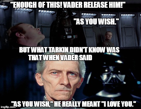 Darth Vader loves Tarkin | "ENOUGH OF THIS! VADER RELEASE HIM!"                                                                                     "AS YOU WISH."  | image tagged in darth vader as you wish,darth vader tarkin as you wish,darth vader princess bride,darth vader i love you | made w/ Imgflip meme maker
