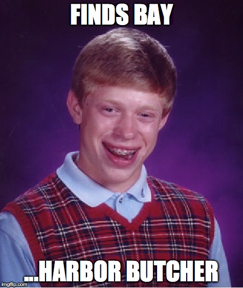 Bad Luck Brian Meme | FINDS BAY ...HARBOR BUTCHER | image tagged in memes,bad luck brian | made w/ Imgflip meme maker