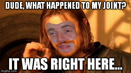 DUDE, WHAT HAPPENED TO MY JOINT? IT WAS RIGHT HERE... | image tagged in 10 boromir,10 guy,one does not simply | made w/ Imgflip meme maker