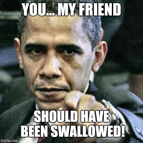 Pissed Off Obama Meme | YOU... MY FRIEND SHOULD HAVE BEEN SWALLOWED! | image tagged in memes,pissed off obama | made w/ Imgflip meme maker