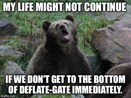 Sarcastic Bear | MY LIFE MIGHT NOT CONTINUE IF WE DON'T GET TO THE BOTTOM OF DEFLATE-GATE IMMEDIATELY. | image tagged in sarcastic bear,AdviceAnimals | made w/ Imgflip meme maker