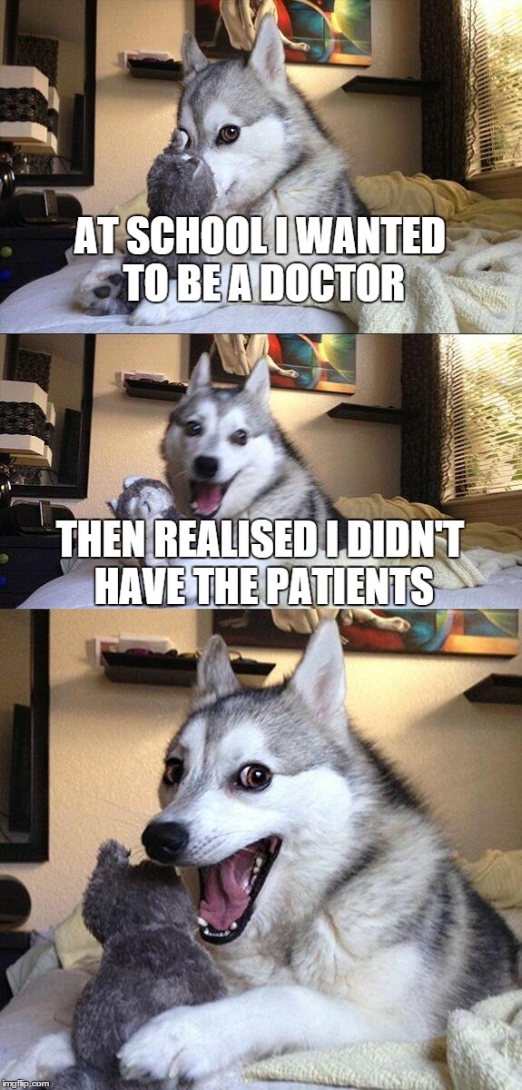 Bad Pun Dog | AT SCHOOL I WANTED TO BE A DOCTOR THEN REALISED I DIDN'T HAVE THE PATIENTS | image tagged in memes,bad pun dog | made w/ Imgflip meme maker
