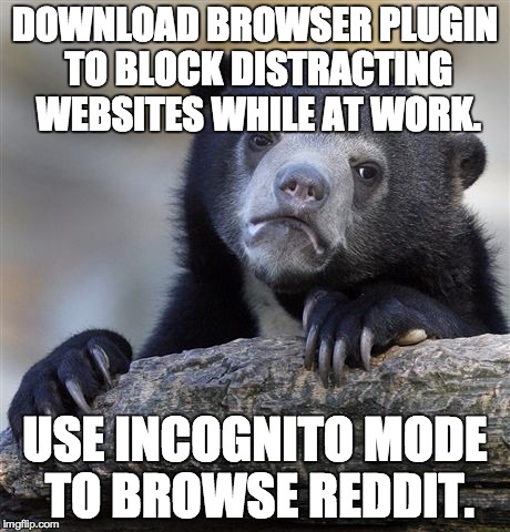 Confession Bear | DOWNLOAD BROWSER PLUGIN TO BLOCK DISTRACTING WEBSITES WHILE AT WORK. USE INCOGNITO MODE TO BROWSE REDDIT. | image tagged in memes,confession bear | made w/ Imgflip meme maker