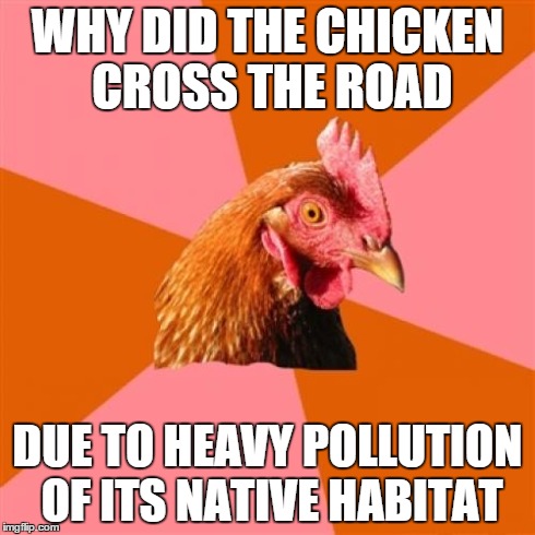 Anti Joke Chicken | WHY DID THE CHICKEN CROSS THE ROAD DUE TO HEAVY POLLUTION OF ITS NATIVE HABITAT | image tagged in memes,anti joke chicken | made w/ Imgflip meme maker