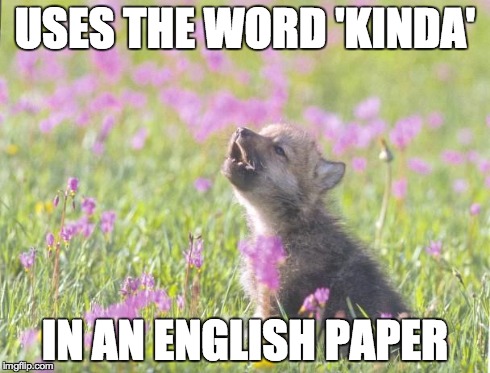Baby Insanity Wolf Meme | USES THE WORD 'KINDA' IN AN ENGLISH PAPER | image tagged in memes,baby insanity wolf,AdviceAnimals | made w/ Imgflip meme maker
